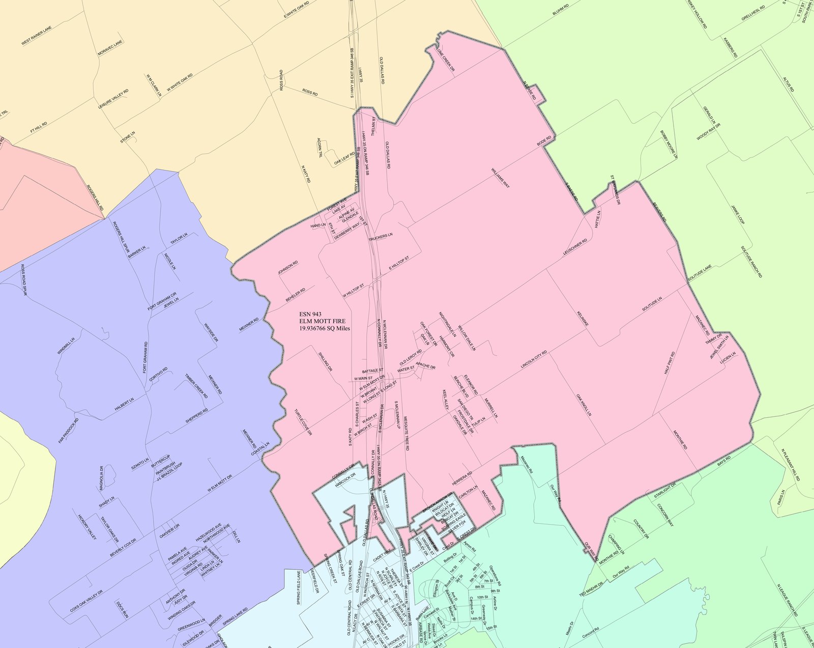 Map of the Elm Mott Fire Rescue coverage area shaded in the center, straddling Interstate 35 in McLennan County, Texas